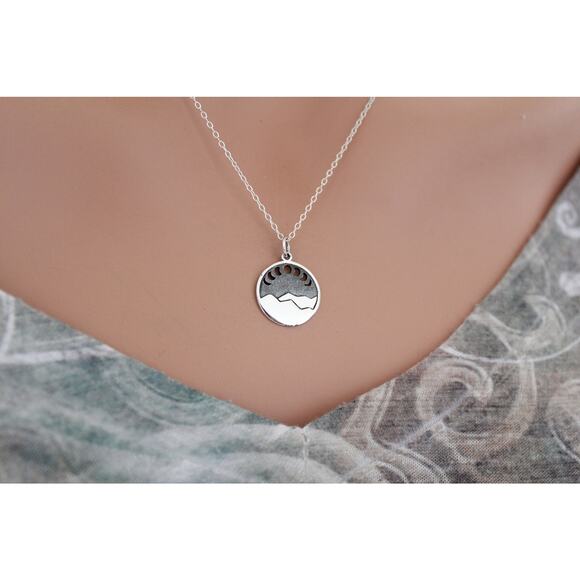 Sterling Silver Sterling Silver Mountain Charm with Moon Phase Cutouts Necklace - Picture 2 of 5